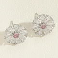 Macro detail of daisy floral stud earrings featuring pink gem and pear-cut clear petals - Daisy Earrings (ES2344-3)
