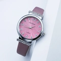 Close-up of pink sunray dial quartz watch with crystal indices and brown leather strap - Pink
