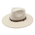 Detail view of a cream fedora hat with leopard print leather band and golden buckle - M(56-58cm) / Beige