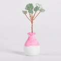 Green crystal money tree with copper wire branches in a pink and white ceramic vase - Green Aventurine