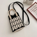 Knitted panda-style crossbody phone bag in black and white chevron pattern - Black & Beige Wheat Ear