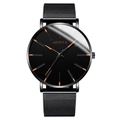 Sleek all black quartz watch for men with orange hands and woven metal mesh band - Rose Gold Hands Black Case Black Mesh Band
