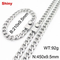 Silver 9.5mm Cuban link chain necklace and bracelet set with square mechanical clasp - Style B (Magnetic Clasp) / 9.5mm Width/21cm Bracelet + 45cm Necklace / Steel