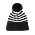 Schwarz-weiß gestreifte Strickmütze mit großem Kunstpelz-Pompon und zotteliger Textur - M (56-58cm) / Schwarz