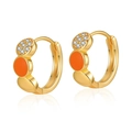 Detail view of 18K gold huggie earrings with orange enamel and zircon stone inlay - Orange Triple Oval (KE00718-1)