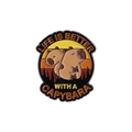 Detail of round enamel pin featuring cartoon capybaras with Life Is Better text - Two Capybaras Hugging Style (QHXZ3451)