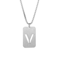 Close-up of silver titanium steel rectangle pendant with hollow letter Y and brushed finish - Letter V
