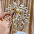 Handmade woven gold floral brooch with natural pearls and clear beads on hand - Transparent Long Beads Radiating Style(TB1160)