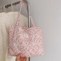Detail of pink and green floral quilted fabric texture on a soft cotton tote bag - Pink Fine Floral