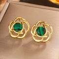 Golden camellia flower stud earrings with green malachite stone inlay in retro style - Gold / Turquoise