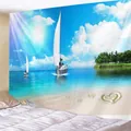 Detail of tropical beach tapestry with sailing boat, palms and heart shape on sand - 150x130cm / 3D Beach Sailboat Heart Sand