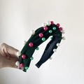 Dark green velvet headband featuring colorful pearl beads and a wide pleated design - Pearl Green