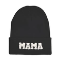 Classic black knit beanie with white plush MAMA embroidery on the folded brim - MAMA-Adult Style / Black