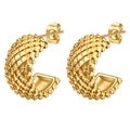 Pendientes de aro en C de acero inoxidable bañados en oro de 14K con patrón texturizado - Dorado