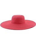 Close-up of rose red woven straw hat with wide brim and flat top for summer sun protection - M (56-58cm) / Watermelon Red