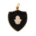 Hamsa Hand shield pendant in black enamel and gold finish with sparkling zircons - Black-Hamsa Hand