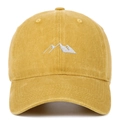 Close-up of white mountain peak embroidery on mustard yellow washed cotton baseball cap - Yellow