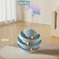 Jouet pour chat à trois niveaux bleu brume avec plumes, hauteur 22cm pour animaux - Plateau tournant avec baguette teaser / Bleu Brume