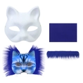 DIY cat half-face mask kit with white pulp base and blue faux fur accessories - DIY Paper Pulp Mask And Accessories (Blue)