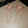 Détail de boucles d'oreilles nœuds en perles de cristal rose avec longues franges - 32# Tige en Argent Frange Rose