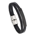 Men's double-layer black braided leather bracelet with stainless steel plate and silver clasp - Electroplated Black