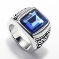 Macro shot of silver stainless steel men's ring featuring a square blue gemstone inlay - US 7 / Steel Color Dark Blue Gemstone
