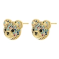 Macro view of gold teddy bear earrings with colorful pavé-set cubic zirconia crystals - Bear Head / Gold Multicolor Zirconia