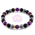 Detailed view of elastic beaded bracelet featuring amethyst, obsidian, and hematite stones - Purple Grey Stone Bead Style (款式-02)