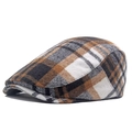 Men's wool flat cap featuring a classic brown and grey plaid pattern for winter warmth - Adjustable / Black Plaid