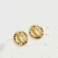 Macro detail of Guadalupe earrings featuring gold accents and colorful zircon halo - Gold (Colorful Zircon Mary)