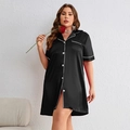 Women's plus size black silk satin sleepwear dress with white piping and short sleeves - 4XL / Black
