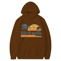 Dark brown hoodie featuring a Gulf of Mexico vintage sunset print with a front kangaroo pocket - Coffee