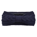 Dark blue cable knit headband with warm plush lining and stylish twist bow design - Navy Blue