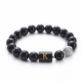 10mm black onyx and white turquoise beaded bracelet with gold letter K charm - Letter K