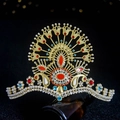 Luxury gold bridal crown with peacock design featuring red blue gems and white pearls - Gold