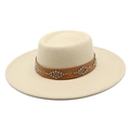 British style wide brim felt fedora in cream with studded leather band decoration - Adult 57-59cm / Beige