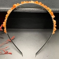 Detail of handcrafted silver headband with orange crystal chips and wire wrapping - Red Aventurine + Silver Band