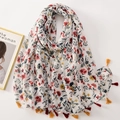 White floral cotton linen scarf with red and yellow flowers and colorful tassels - C1212 White Dense Red Yellow Floral