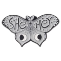 Detailed close-up of pink and grey butterfly enamel pin with She/Her pronoun text - She-Her Pronoun Grey White Butterfly