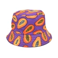 Close-up of purple bucket hat with orange papaya print and detailed fabric stitching - Purple