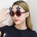 Sparkly red glitter Happy New Year glasses with black stars for holiday party props - Red Glitter Star Round New Year Glasses