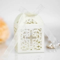 Λευκό κουτί δώρου με σταυρό laser cut και κορδέλα για γάμους και βαπτίσεις - Ελεφαντόδοντο