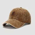 Close-up of brown corduroy kids baseball cap with vintage 3D embroidered B letter - 54cm (3-8 Years) / Yellow