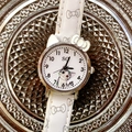 Cute white cartoon cat watch for girls with bow printed leather strap on metal display - White