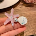 Pink glitter starfish hair claw with white iridescent shell and pearl accent detail - 5895 Shell Starfish Pearl Hair Clip-Pink