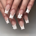 French matte white 3D flower press-on nails with 3D bows and pearls on long square nails - Matte French Nude Pink Base with White 3D Bow and Pearls (JP3890)