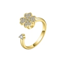Drehbarer goldener Kleeblattring mit weißen Zirkonia Einlagen und verstellbarem Band - Einstellbar Offen / Gold