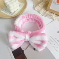 Plush pink and white striped headband with oversized bow for skincare and makeup - Pink White Stripe