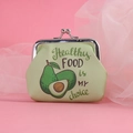 Detailed view of green avocado coin purse with kiss-lock clasp and healthy food print - 3 Inch / Light Green
