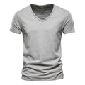Macro shot of light gray slub cotton fabric and V-neckline on a casual men's summer t-shirt - S / V-Neck / Light Gray